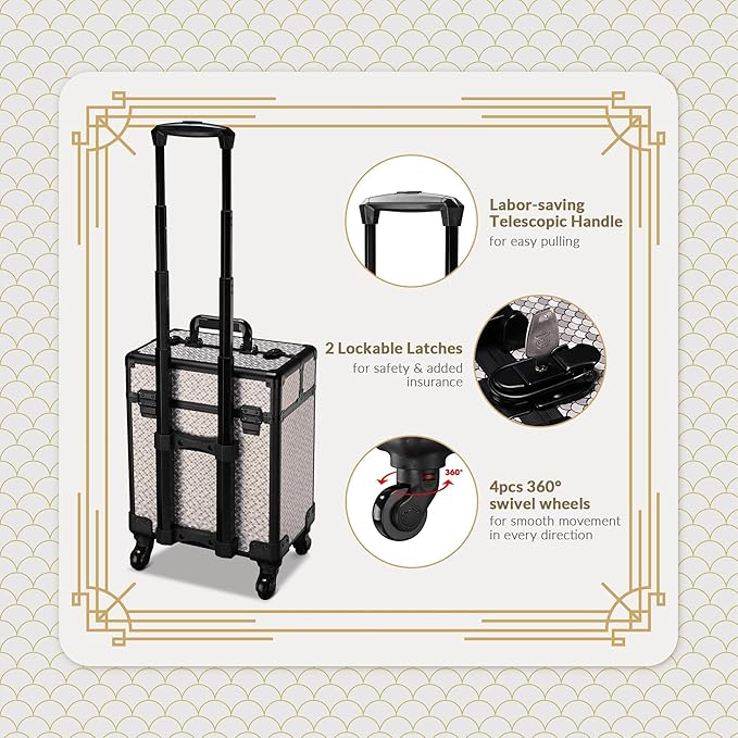 BYOOTIQUE Rolling Makeup Train Case Cosmetology Organizer Box Art Deco Graphite