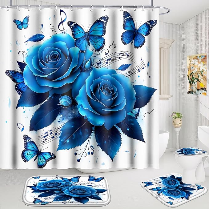 Poedist 4 Pcs Bathroom Shower Curtain Set, Bathroom Set, Blue Rose Shower Curtain Sets with Rugs(Bath Mat,U Shape and Toilet Lid Cover Mat) and 12 Hooks-04