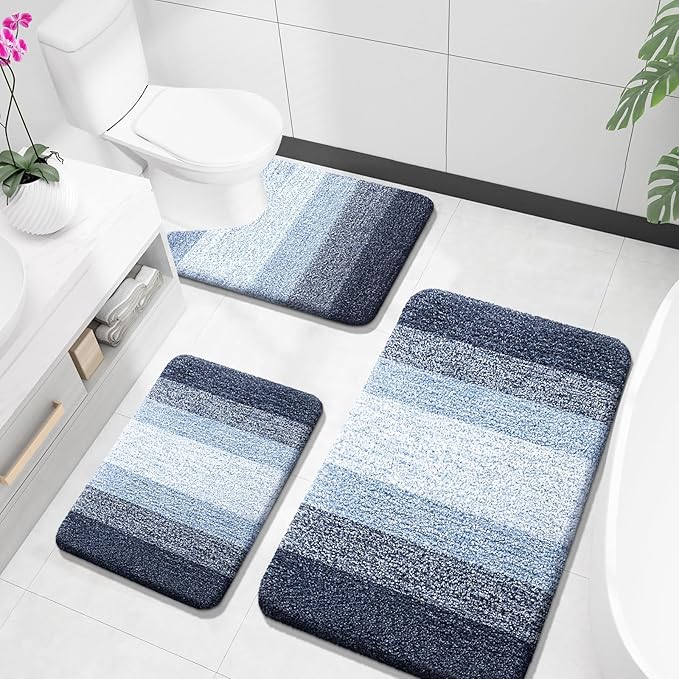 OLANLY Bathroom Rugs Sets 3 Piece, Soft Absorbent Microfiber Bath Mats and U-Shaped Contour Toilet Rug, Plush Shaggy Bath Mat Set for Bathroom (36"x24"+24"x16"+24"x20", Dark Blue)