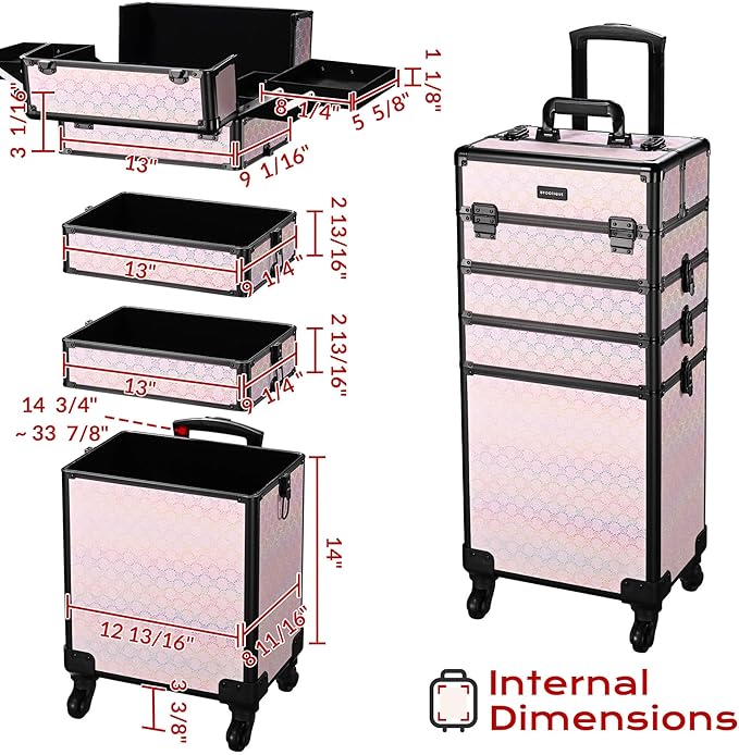 BYOOTIQUE Barber Case False Eyelash Storage Rolling Makeup Cart on Wheels Hairdressing Brush Bags Barber Suitcase for Wedding Beautician Manicurist Hairstylist,Blush ForgetMeNot