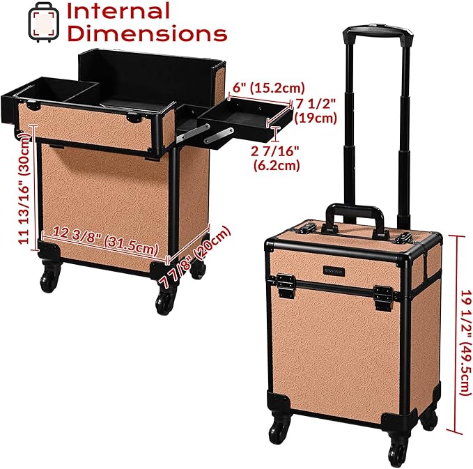 BYOOTIQUE Cosmetology Rolling Case Nail Tech Storage Cart Makeup Torrley Travel Barber Suitcase False Eyelash Storage for Beauty Studio Nail Salon Wedding Make up Attist Manicurist,Rococo Coral