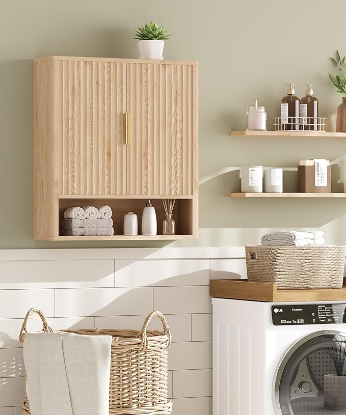 Keehusux 27.6" H Bathroom Wall Storage Cabinet with 2 Fluted Doors, Modern Wall Mounted Bathroom Cabinet with Adjustable Shelf, Curved Profile Medicine Cabinet for Kitchen, Living Room, Natural Oak