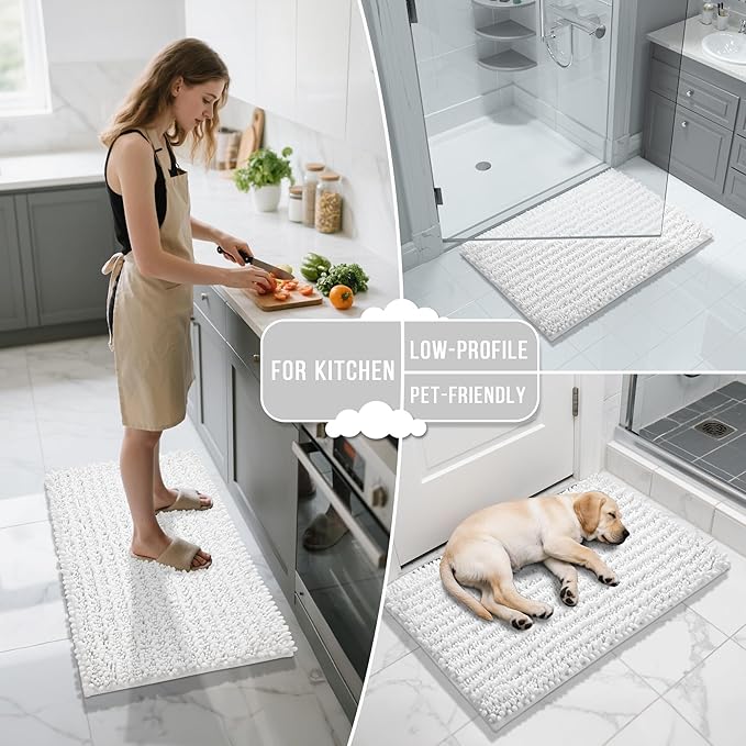Yimobra Large Bathroom Rugs Non Slip Washable 36x24 Inch - Ultra Soft Absorbent Chenille Bath Mat, Quick Dry Shaggy Floor Carpet for Tub Shower, White Home Decor Accessories
