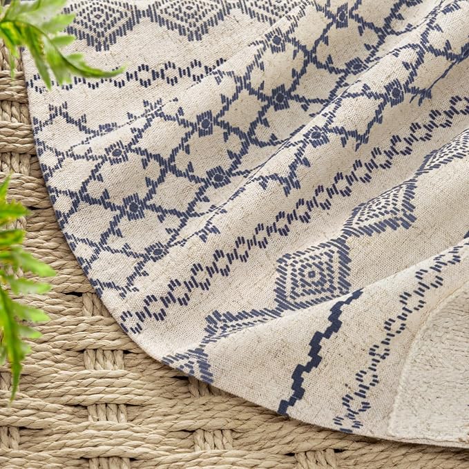 Nave Blue Boho Shower Curtain for Bathroom,Beige Linen with Striped Print and Twine-Inspired Woven Center,72" W x 72" L