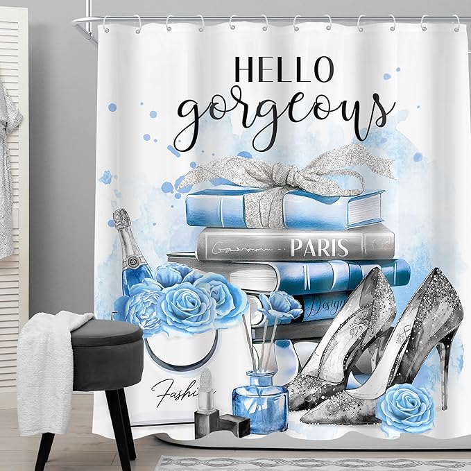 Cinbloo Girly Blue 72Wx72H Shower Curtain Silver Fashion Gray Teal Flower Perfume High Heels Bow Magazine Books Floral Elegant Bathroom Curtain Set Women Girls Bath Bathroom Accessories Decor