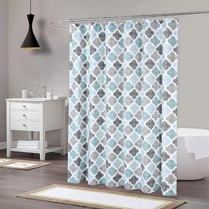 CAROMIO Geometric Quatrefoil Patterned Modern Poly-Cotton Stall Fabric Shower Curtain for Bathroom, Aqua/Mint/Grey, 54x78 Inches