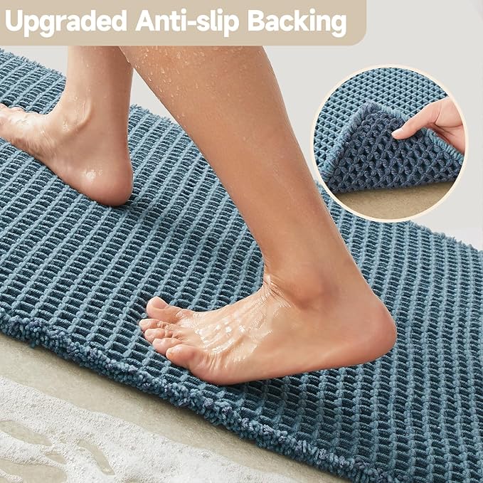 Waffle Bath Mat, Boho Bathroom Rugs Non Slip Washable Super Absorbent Quick Dry Bath Mat Farmhouse Bathroom Decor, 36"x24" Denim Blue