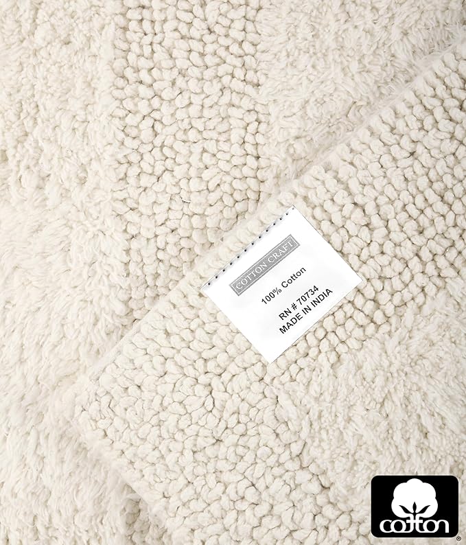 COTTON CRAFT Luxurious Bath Mat Rug - Set of 2 Reversible Heavyweight Step Out Bath Mats for Bathroom Floor, Tub and Shower - Pure Cotton Soft Plush Absorbent Tufted Racetrack Mat - 17 x 24 in - Ivory