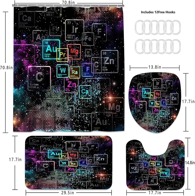 Yizheer 4Pcs Black Starry Sky Grid Bathroom Shower Curtain Set with 12 Hooks Bath Mat Toilet Cover U Shaped Mat- PEVA Material, 72x72 Inches, Bathroom Curtain for Bathtub (Elements)