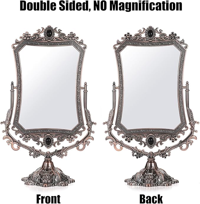 JUXYES Metal Tabletop Antique Decorative Makeup Mirror with Stand, Vintage 360° Swivel Double Sided Cosmetic Mirror with Frame, Retro Desktop Dressing Mirror Magic Mirror for Dresser