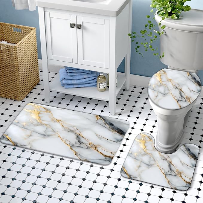 Lnond 4Pcs Marble Bathroom Sets with Shower Curtain and Rugs,White Gold Marble Modern Art Bathroom Shower Curtain Sets with Rugs and Accessories