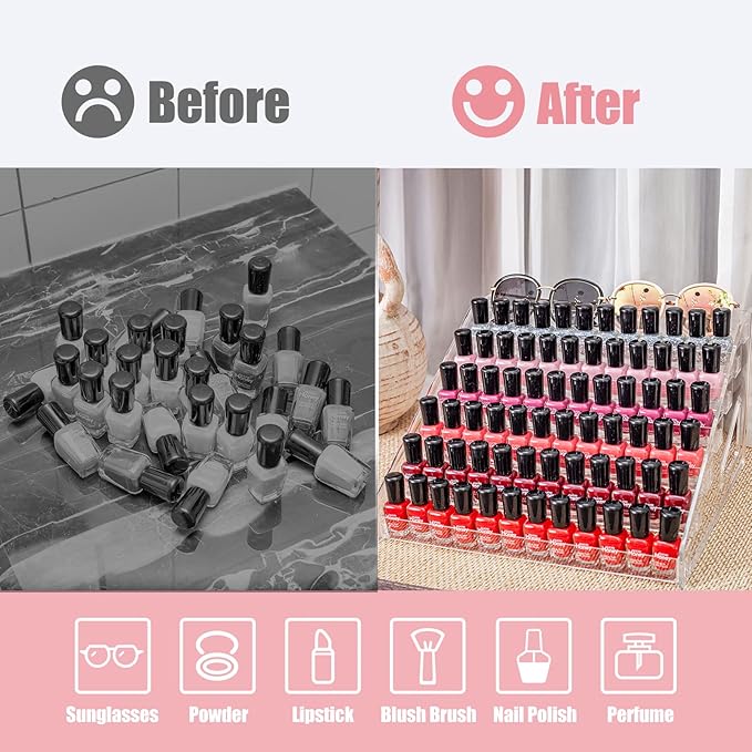 5-Tier Nail Polish & Sunglasses Organizer | Screwless Cosmetic Display Shelf for Makeup, Jewelry, Eyeglasses Storage | Non-Slip Bathroom Vanity Shelf for Essential Oils