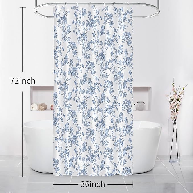 Seorsok Blue Shower Curtain,Sage Cotton Floral Cottagecore,Elegant Floral Fabric Shower Curtain Machine Washable Waterproof Bathroom Decor 36'Wx72'L inches