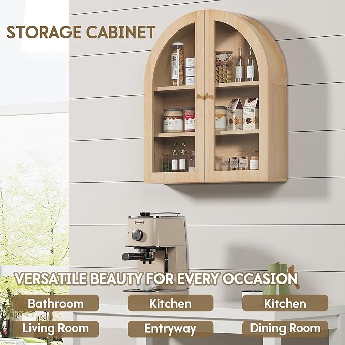 Wall Bathroom Cabinet with Glass Doors, Wood Medicine Cabinet with Adjustable Shelf, Arched Hanging Cabinet for Bathroom, Livingroom, Kitchen (Natural)
