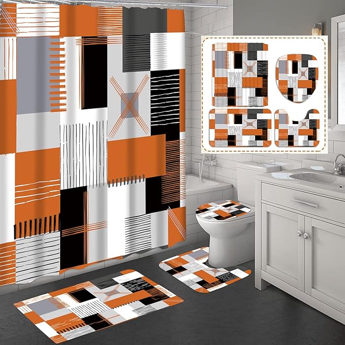 All Smiles Fall Shower Curtain Sets with Non-Slip Rugs,Toilet Lid Cover and Bath Mat, Black and Orange Bathroom Decor Set Accessories Waterproof Shower Curtains