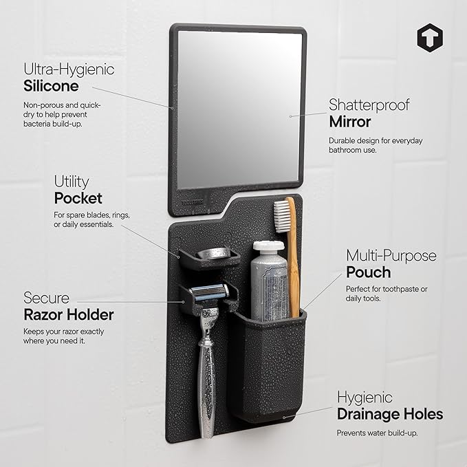 TOOLETRIES The Harvey & Oliver Set- Toothbrush & Razor Holder and Fog Resistant Mirror - Silicone Shower & Bathroom Accessory - Features Silicone-Grip Technology, Removable & Reusable - Charcoal