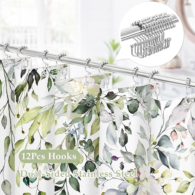 Gibelle 3 in 1 Shower Curtain Set, 72x72 Sage Green Eucalyptus Bath Curtain and PEVA Liner Set with 12 Metal Hooks, Waterproof Fabric Bathroom Curtain