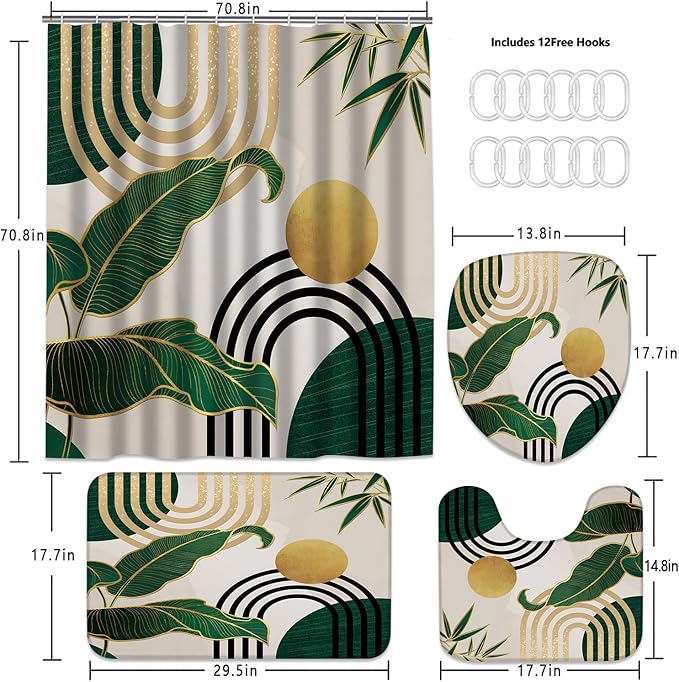 FZDHHY 4Pcs Green Shower Curtain Set, Boho Bathroom Sets, Bamboo Leaf Bathroom Sets with Shower Curtain and Rugs, Shower Curtain with 12 Hooks