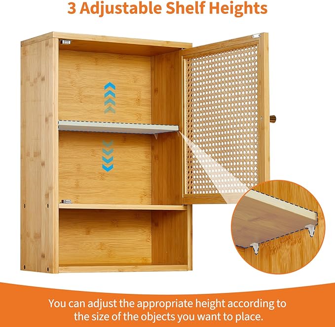 Bathroom Wall Cabinet, Bamboo Medicine Cabinet with Rattan Doors, Adjustable Shelf, Wall Mounted Storage Cabinet for Bathroom, Kitchen, Laundry Room Natural
