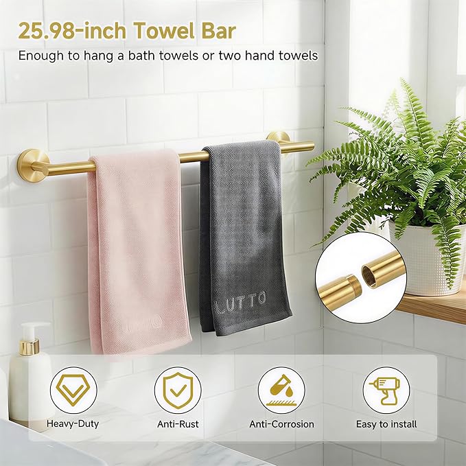 7-Piece Bathroom Hardware Accessories Set SUS304 Stainless Steel Towel Bar Set Wall Mounted 25.9-Inch Towel Rack, Towel Ring, Toilet Paper Holder with Shelf & 4 Hooks, Golden