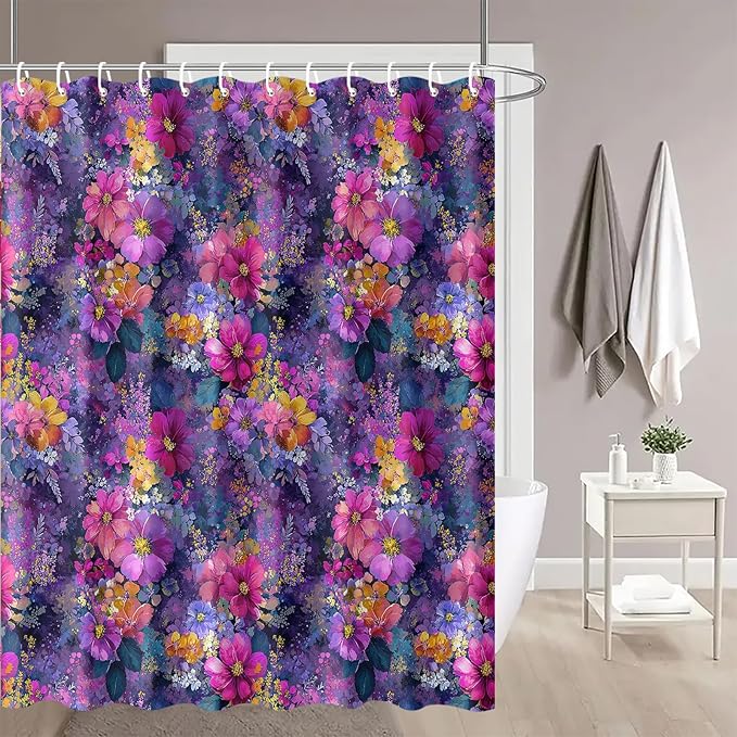 Floral Shower Curtain 72x72 Inch Fabric Bathroom Curtain Purple Flower Print for Boho Bathroom Decor