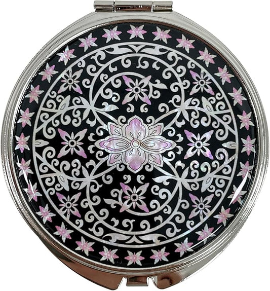 Portable Makeup Compact Double Magnifying Mirror Cosmestic Foldable Pocket Style Unique Mother of Pearl Design (Ivy)