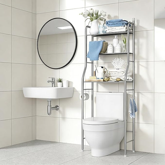 3-Tier Toilet Overhead Shelf, Freestanding Stainless Steel Bathroom Over Toilet Organizer Rack, Space-Saving Toilet Overhead Storage Rack, Tall Bathroom Toilets Shelf for Restroom, Laundry, Balcony