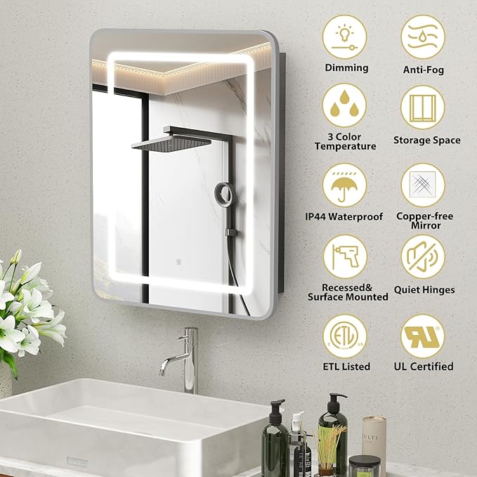 ROOMTEC Lighted Medicine Cabinet with Mirror 24"x30", Bathroom Mirror Cabinet with Lights and Storage, Single Doors Bathroom Wall Cabinet with LED Lights,Silver