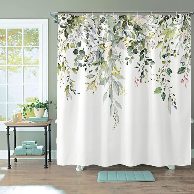 kampdream Green Eucalyptus Plant Shower Curtain, Watercolor Leaves On The Top Shower Curtain, Sage Green Spring Botanical Bathroom Curtain 72 ×78 Inch