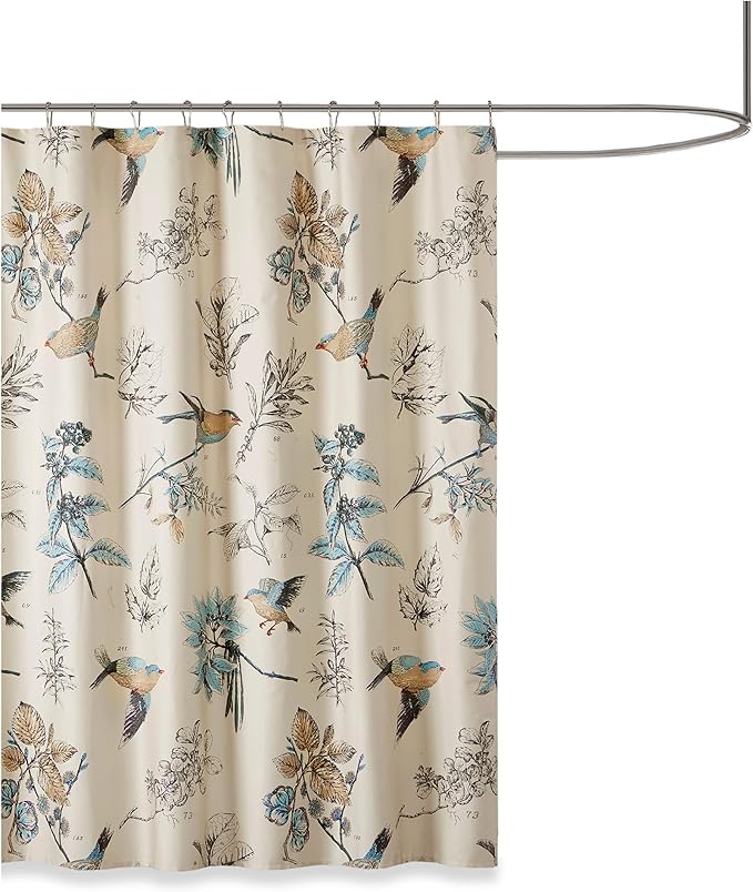 Madison Park Shower Curtain, Bird & Leaf Print, Farmhouse Shower Curtain for Bathroom, Modern Country Bathroom Décor, Machine Washable, Cotton Shower Curtain, Quincy, 72x72" Khaki