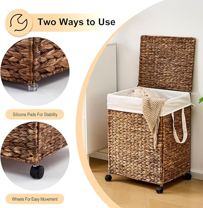 Rolling Laundry Hamper with Lid, Natural Water Hyacinth Basket with Removable Liner, Wheel or Non-Slip Installation Laundry Basket for Home Use (Espresso, 100L)
