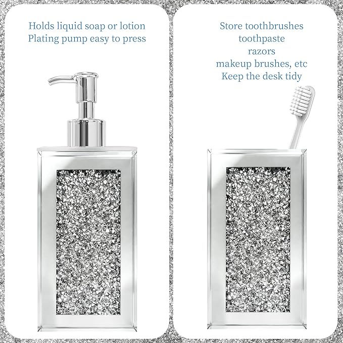 Bathroom Accessories Set, Square 2 Pack Silver Glass Soap Dispenser & Toothbrush Holder with Mirror Finish & Sparkling Diamond Accents, Modern Bathroom Countertop Decor