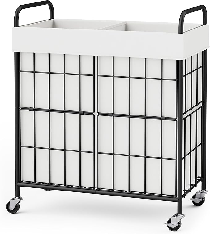 2 Section Laundry Hamper with Wheels and Brake, 100L Laundry Sorter Cart with 2 Removable Liner Bags, Metal Handle, Rolling Laundry Basket for Bedroom Laundry Room