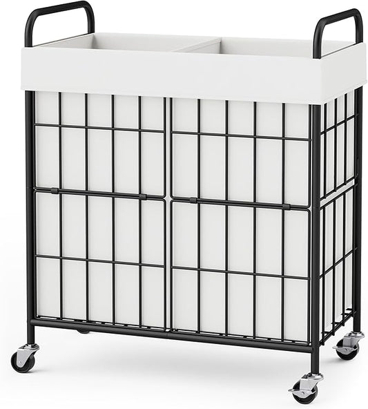 2 Section Laundry Hamper with Wheels and Brake, 100L Laundry Sorter Cart with 2 Removable Liner Bags, Metal Handle, Rolling Laundry Basket for Bedroom Laundry Room