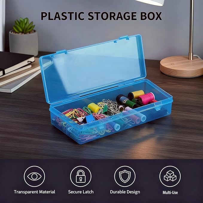 Blue Organizer Box, 6-Pack Small Plastic Storage Containers with Hinged Lid for Makeup Tools, Jewelry, Crafts, Nail Art Supplies (6x2.6x1.2 Inch) - Transparent & Portable