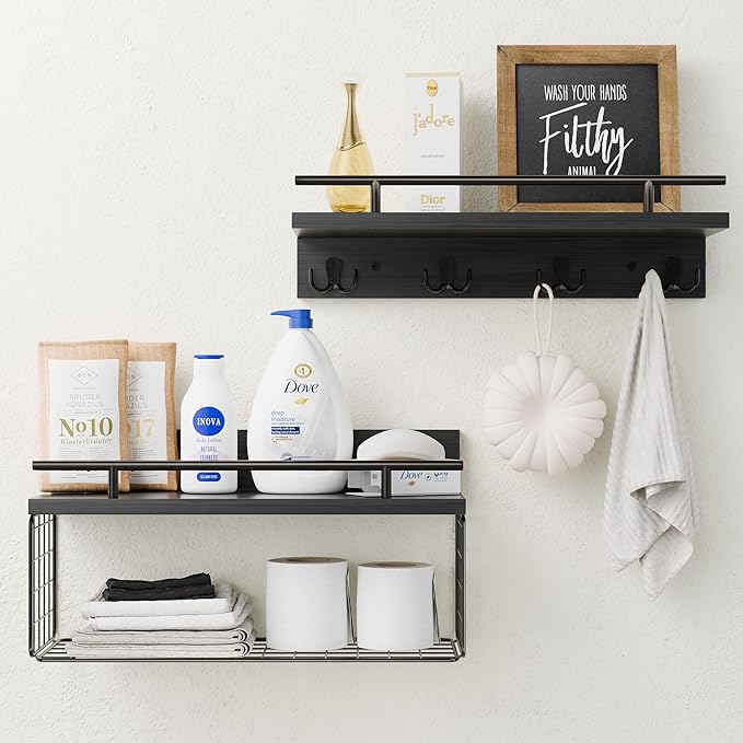 Floating Shelves - Black Bathroom Shelves Over Toilet, Set of 2 Wall Shelves with Basket and Hooks