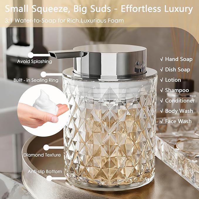 Glass Bathroom Accessories Set 5Pcs Crystal - Foaming Soap Dispenser, Soap Dish, Cup, Acrylic Toothbrush Holder with Tray Organizer, Qtip Jar, Bathroom Counter Set Sink Decor (Clear)
