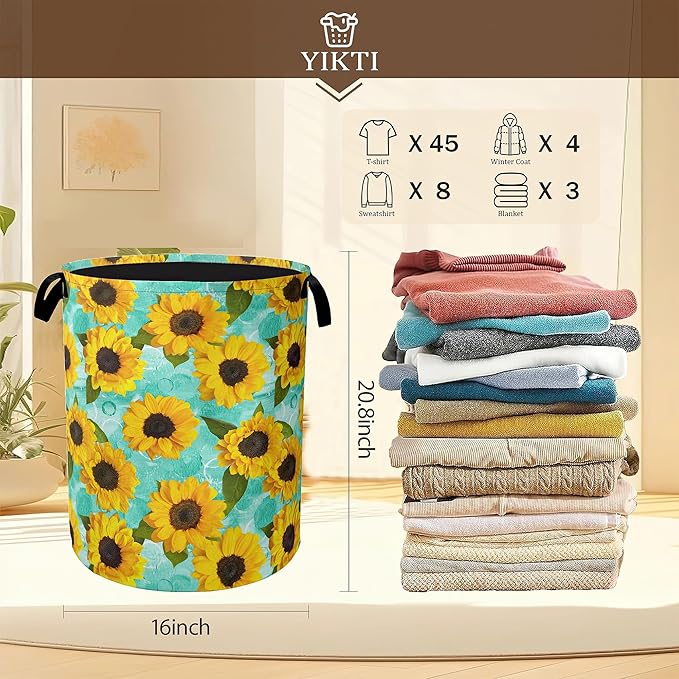 Yellow Sunflowers Laundry Hamper,Summer Floral Clothes Hamper for Laundry,Waterproof Oxford Toy Storage Collapsible Hampers for Bedroom, Dorm Room,Bathroom,16x20 Inch