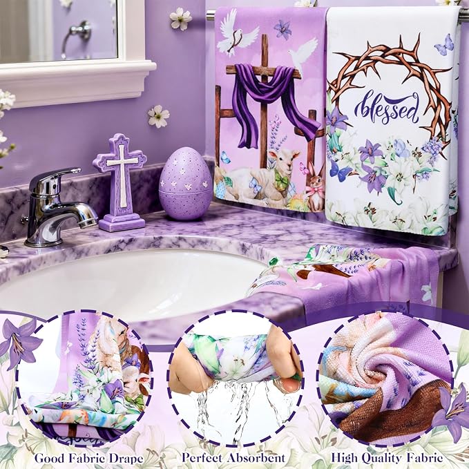 FuWeave 8 Pcs Easter He is Risen Shower Curtain Set for Bathroom Include Christian Lamb Cross Bunny Egg Shower Curtain Towels Non Slip Rugs Toilet Lid Cover Bath Mat and 12 Hooks for Bathroom Decor