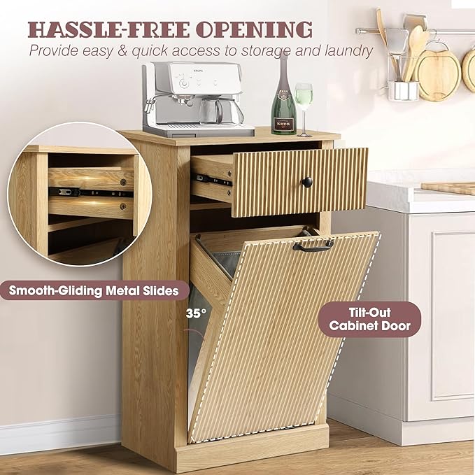 36" H Tilt Out Laundry Hamper Cabinet, Modern Fluted Trash Can Cabinets with Drawer, Wooden Hidden Garbage Cabinet for Kitchen and Bathroom (Natural Oak, Single)