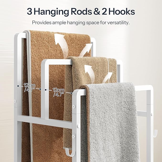 HOOBRO Free Standing Towel Rack, Blanket Rack with 3 Towel Bars, Storage Basket and Shelf, Towel Holder with Hook, Blanket Organizer, for Bathroom and Laundry, White and Natural WN13LB01