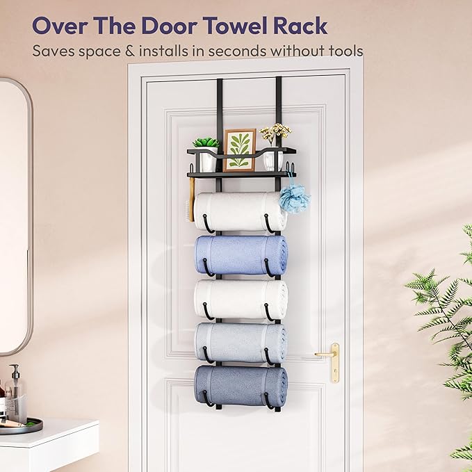 SWTYMIKI Over the Door Towel Rack - 6 Tier Towel Racks for Bathroom Wall Mounted, Towel Holder with Shelf, Hanging Rolled Towel Storage Organizer for Small Bathroom, Camper, RV, Black