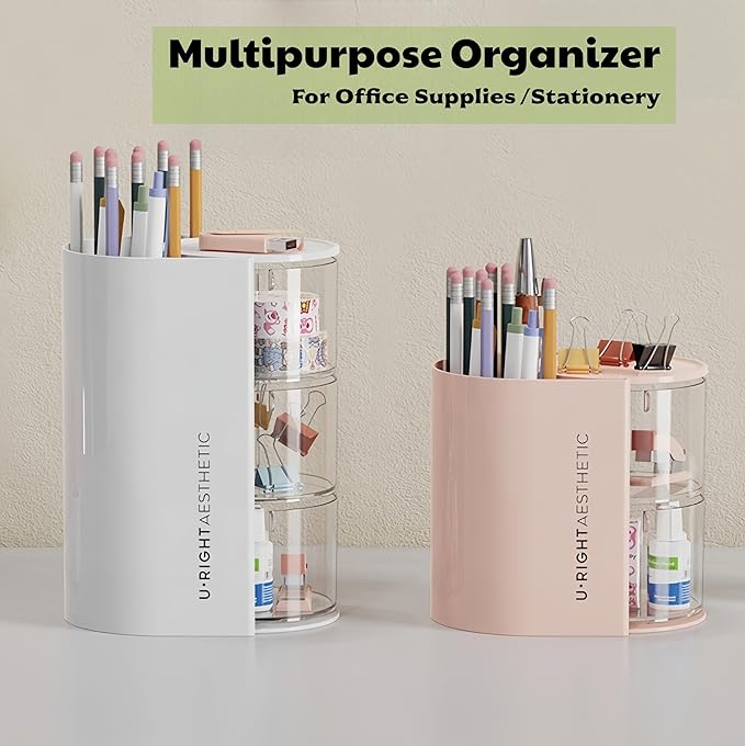 Hair Accessories Organizer with 2 Hooks,3-Layer Rotatable Hair Tie Organizer With Hair Brush Holder,Vanity Organizers For Girls (Pink)