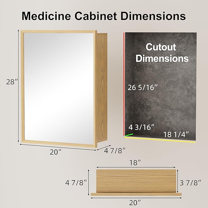 20x28 Inch Wood Medicine Cabinet with Mirror, Surface or Recessed Mounted Bathroom Cabinets with Adjustable Shelves, Soft-Close Hinges, Wall Mounted Cabinet for Storage