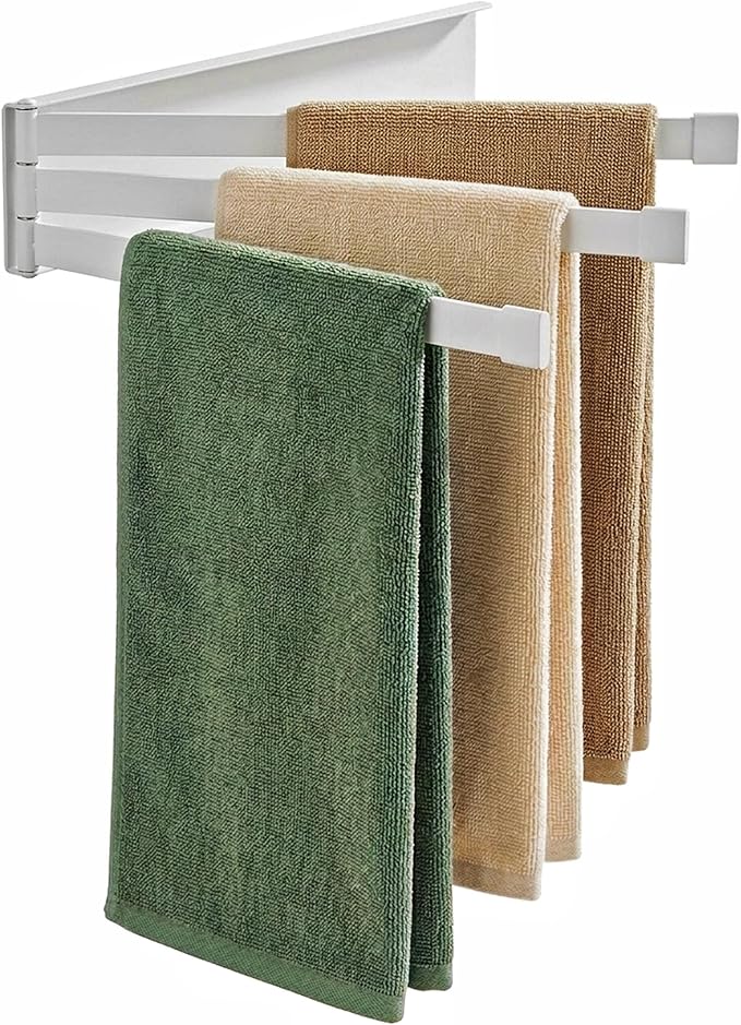 Swing Towel Holder Rack White, Wall Mounted Towel Bar Swivel with 3-Arm for Bathroom Kitchen Storage