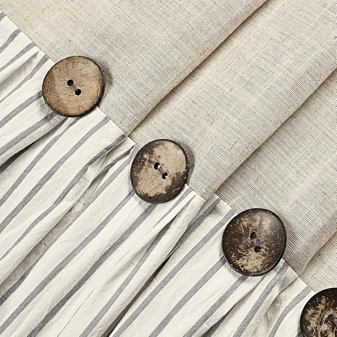 DOSLY Ides Farmhouse Shower Curtain, Beige and Gray Stripe, Button Curtain, Linen and Cotton Woven Fabric, Rustic Charm Country Chic Style, 72x78 in