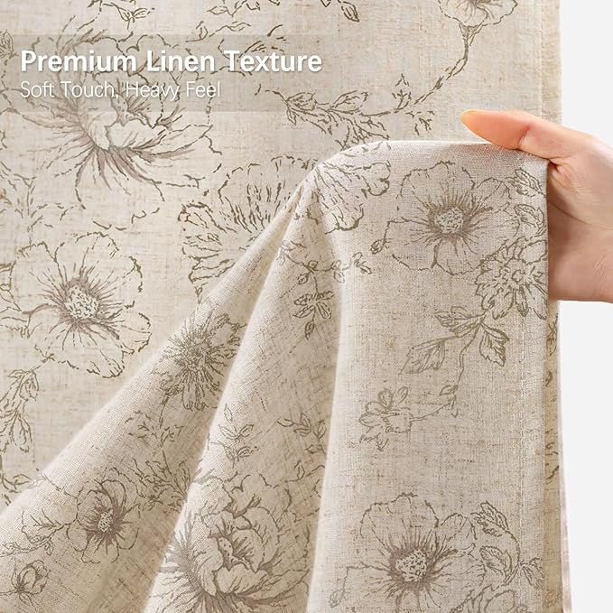 Farmhouse Floral Linen Shower Curtain, Vintage Tan Pattern Rustic Shower Curtains for Bathroom, Taupe,72x72
