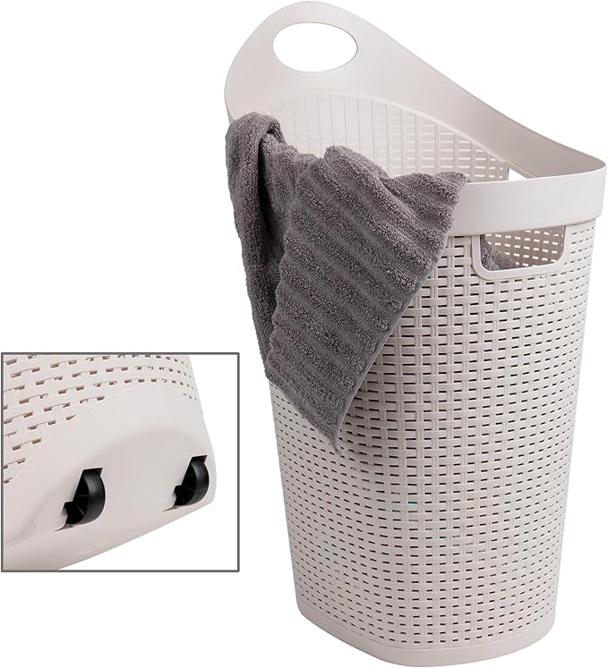 Mind Reader 60L Rolling Laundry Hamper, Clothes Basket, Wheels, Wicker Style, Plastic, 19.5"L x 14.75"W x 29.25"H, Ivory