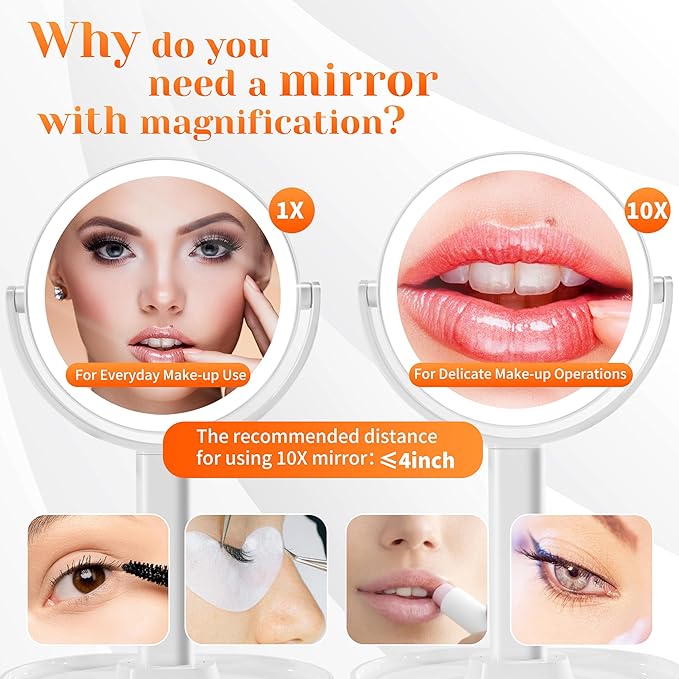 vpu Vanity Makeup Mirror with Lights, 10X/1X Double Sided Magnifying Light up Desk Mirror with Stand Cosmetic Organizer, 3 Color Brightness Adjustable 360° Rotation Detachable for Travel