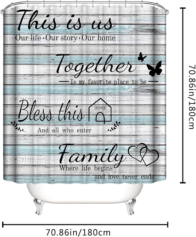 juwute 4Pcs Family Shower Curtain Sets with Non-Slip Rugs, Toilet Lid Cover and Bath Mat, Wood Grain Home Bathroom Decor Set Accessories Waterproof Shower Curtains with 12 Hooks, 72 x 72 Inch